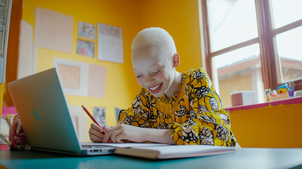 A girl with albinism smiling as she studies in her room