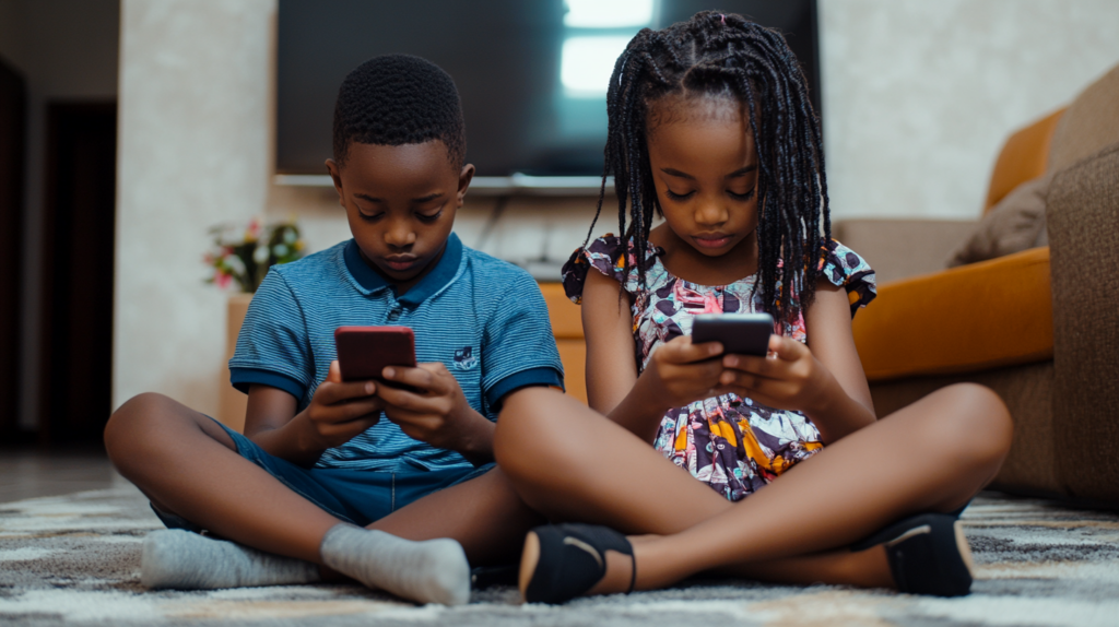 A boy and a girl using digital devices to study